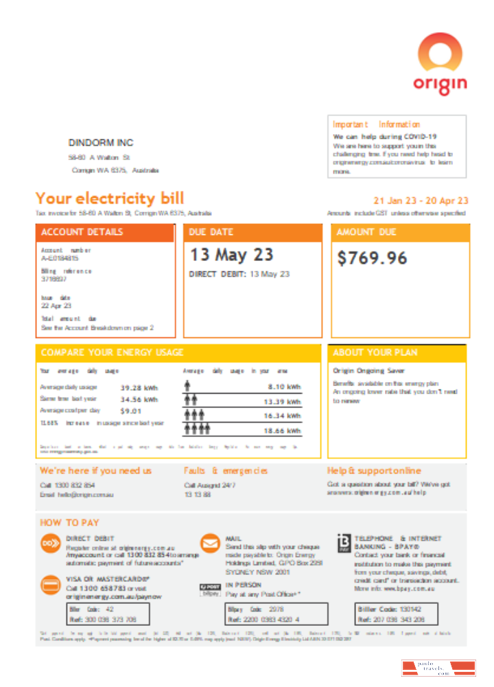 Origin utility business bill, page 1 SCR PSD template